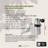 LALPHA Barista coffee mill CK-300 Tsubame-Sanjo manual coffee grinder with a silver stainless steel body, black ceramic burr, and black silicone grip, shown on a beige background with product specifications, a map of Tsubame-Sanjo, and a 'Made in Japan' badge.