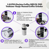 Promotional infographic for the LALPHA Barista Coffee Mill CK-300 Tsubame-Sanjo Manual Coffee Grinder, showing the grinder with four circular callouts highlighting features: ceramic burr mechanism, silicone anti-slip grip, and durability, with text on a white background.