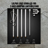 Lalpa Light Stick LED-105 2-Way Camping Lantern Stand shown in its unfolded aluminum components on a black panel over a gray stone-textured background. The image includes product title text at the top and feature icons at the bottom.