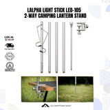 LALPHA Light Stick LED-105 2-Way Camping Lantern Stand shown assembled and disassembled with four metal poles and a silver clamp. The image includes feature icons on the left, two small outdoor usage photos at the bottom, and the Go Camptthing Shop logo.