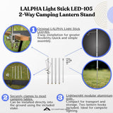 An infographic for the LALPHA Light Stick LED-105 2-Way Camping Lantern Stand, showing product details, assembly steps, and usage tips with circular inset photos of the lantern stand in use on grass.