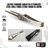 LALPHA Tsubame Sanjo 18-8 stainless steel grill tongs, 27cm, shown on a white background with product details, close-up inset photos, and badges indicating local seller, fast delivery, authentic, and made in Japan.