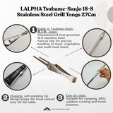 An infographic detailing the LALPHA Tsubame-Sanjo 18-8 Stainless Steel Grill Tongs 27cm. The central image shows the stainless steel tongs with their black handles removed, flanked by four circular insets showing close-ups of the tips, the tongs in a bag, and a hand holding them.
