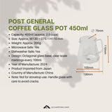 Coffee glass pot with dimensions and specifications on a white background