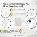 Post General Coffee Glass Pot with features and specifications on a white background