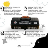 A black metal coffee brewing kit labeled 'GO CAMPTHING FIELD COFFEE KIT' with a padded handle, shown on a white infographic background with four numbered feature callouts and decorative gray shapes.