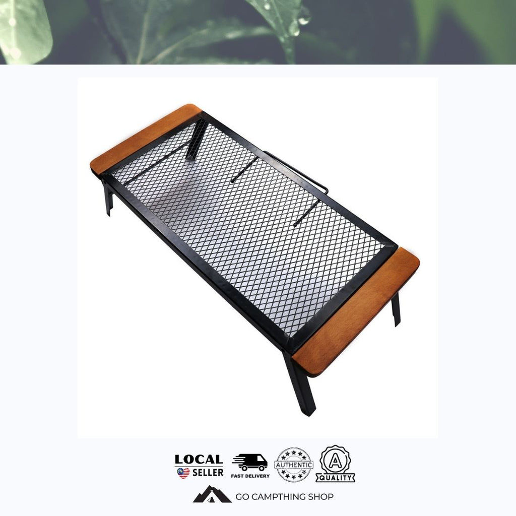 Camping Foldable Bonfire Outdoor Table Steel Field Rack with Wooden Ed ...