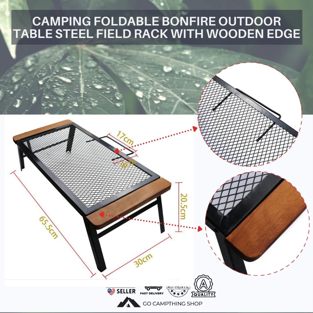 Camping Foldable Bonfire Outdoor Table Steel Field Rack with Wooden Ed ...