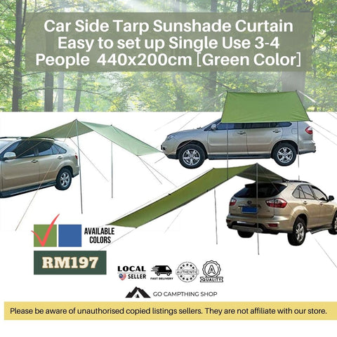 Car Side Tarp Sunshade Curtain Easy to set up 3-4 People Large 440x200cm Army Green