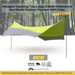 Hexagon Camping Tarp Large 5 meter Outdoor Waterproof Flysheet With Poles Green Grey Color