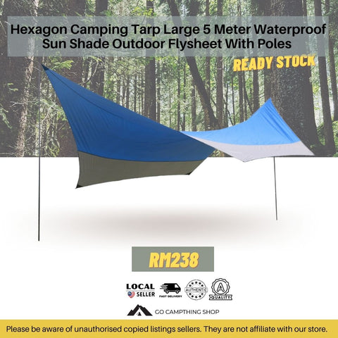 Hexagon Camping Tarp Large 5 meter Outdoor Waterproof Flysheet With Poles Blue Grey Color