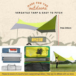 Hexagon Camping Tarp Large 5 meter Outdoor Waterproof Flysheet With Poles Green Grey Color