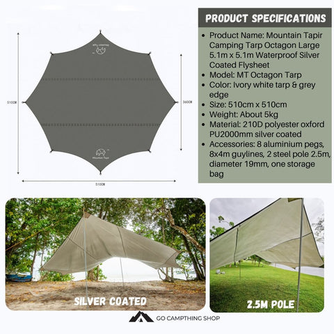 octagon tarp Mountain Tapir Camping Tarp Octagon Large 5.1m x 5.1m Waterproof Silve – Go Campthing Shop